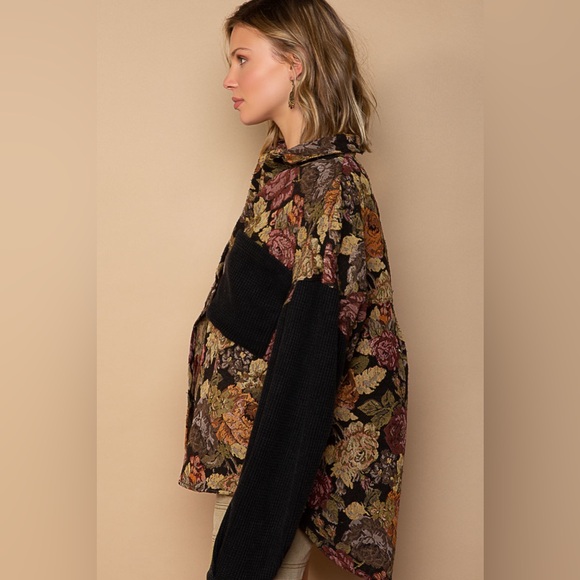 17. POL Tapestry! LAST 2! Shacket Black Thermal Jacquard Floral Print - Picture 3 of 4